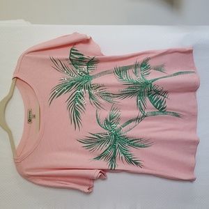 Democracy Women’s short sleeve top with palm trees and sequins Size L